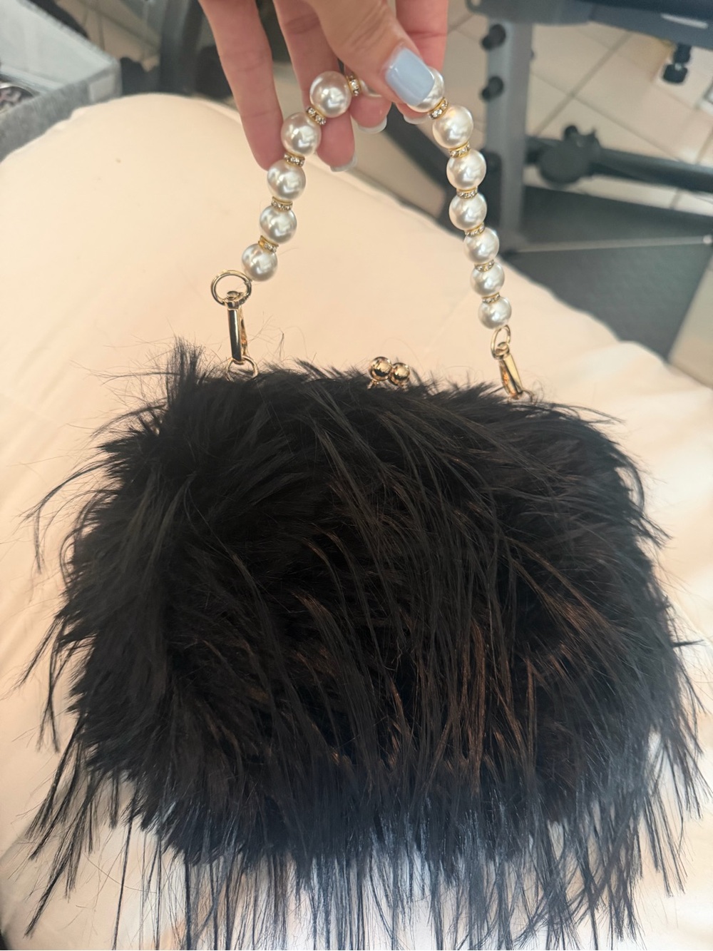 Black Faux Fur Pearl-Handle Evening Bag